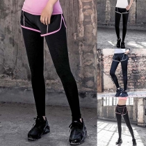 Fashion Contrast Color High Waist Mock Two-piece Sports Pants