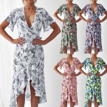 Fashion Short Sleeve V-neck Irregular Hem Printed Dress