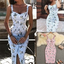 Sexy Backless V-neck Slit Hem Slim Fit Printed Sling Dress