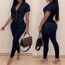 Fashion Short Sleeve V-neck High Waist Slim Fit Denim Jumpsuit