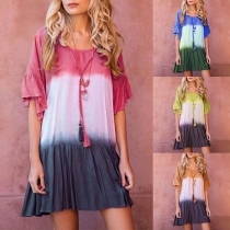 Fashion Color Gradient Trumpet Sleeve Round Neck Dress