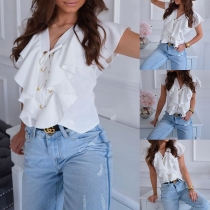 Sweet Style Lace-up V-neck Ruffle Blouse