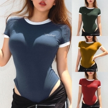 Fashion Contrast Color Short Sleeve Round Neck Bodysuit 