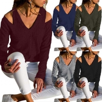 Sexy Off-shoulder V-neck Long Sleeve Solid Color Top
