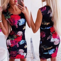 Fashion Sleeveless Round Neck Slim Fit Printed Dress(The size runs small)