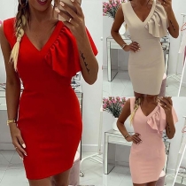 Sexy V-neck Sleeveless Slim Fit Ruffle Dress