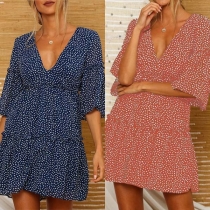 Fashion Ruffle Sleeve V-neck Printed Dress