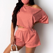 Tvädelat Set: Enfärgad Crop Top med Halvärm + Shorts (liten passform)