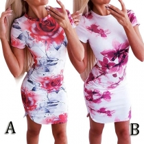 Fashion Short Sleeve Round Neck Slim Fit Printed Dress