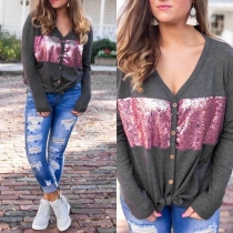 Fashion Long Sleeve V-neck Sequin Spliced Cardigan