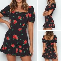 Fashion Square Collar Lantern Sleeve Ruffle Hem Printed Dress