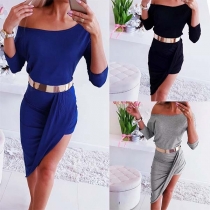 Sexy Round Neck Irregular Hem Solid Color Slim Fit Dress