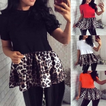 Casual Short Sleeve Leopard Spliced Hem T-Shirt