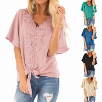 Sexy V-Neck Short Sleeve Lace Spliced Knotted Hem Top