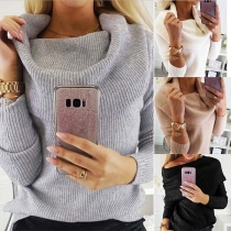Sexy Off-shoulder Boat Neck Long Sleeve Solid Color Sweater