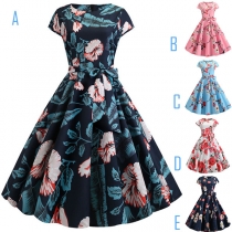 Fashion Sleeveless Round Neck High Waist Printed Dress