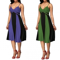 Sexy Backless V-Neck High Waist Contrast Color Sling Dress