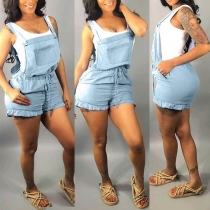 Sexy High Waist Ruffle Hem Denim Shorts Overalls 