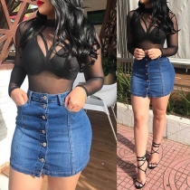 Fashion High Waist Single-Breasted Denim Skirt