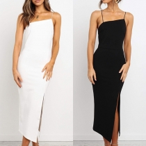 Sexy Backless Slit Hem Solid Color Sling Dress