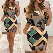 Fashion Round Neck Short Sleeve Slim Fit Printed Dress