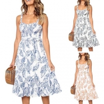 Sexy Backless Ruffle Hem Printed Sling Dress