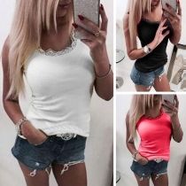 Fashion Solid Color Sleeveless Round Neck Lace Spliced Top 
