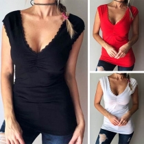 Fashion Lace Spliced V-neck Sleeveless Solid Color T-shirt 