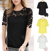Fashion Round Neck Short Sleeve Lace Spliced Top