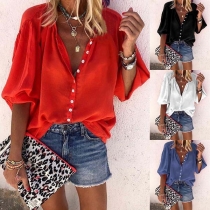 Sexy V-Neck Long Sleeve Front-button Solid Color Shirt