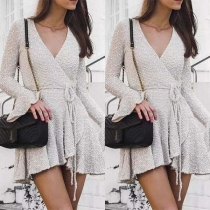 Sexy Deep V-Neck Long Sleeve Irregular Hem Dress