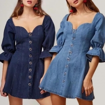Fashion Single-Breasted Puff Sleeve Denim Dress