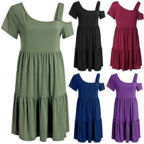 Sexy Oblique Shoulder Short Sleeve Solid Color Dress