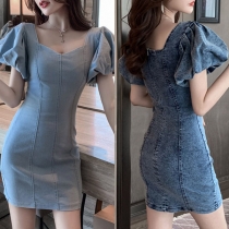 Sexy V-neck Puff Sleeve Slim Fit Denim Dress