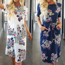 Fashion Short Sleeve Round Neck Drawstring Waist Printed Dress