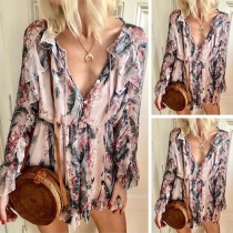 Sexy V-neck Long Sleeve Ruffle Printed Romper