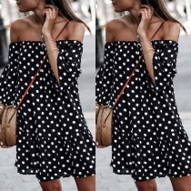 Sexy Off-shoulder Boat Neck Half Sleeve Dots Printed Dress
