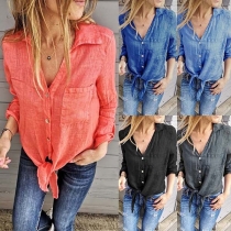 Fashion Solid Color Long Sleeve V-neck Shirt