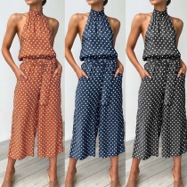 Sexy Off-shoulder Dots Printed Halter Jumpsuit 
