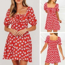 Fashion Short Sleeve Square Collar High Waist Printed Dress