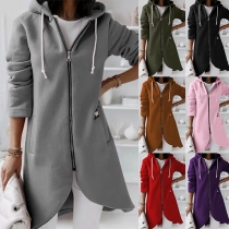 Fashion Solid Color Long Sleeve Hooded Sweatshirt Coat