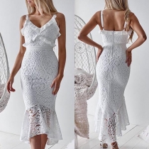 Sexy Backless V-neck Irregular Hem Sling Lace Dress