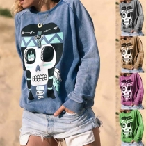 Fashion Sull Head Printed Long Sleeve Round Neck Sweatshirt