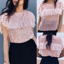 Fashion Short Sleeve Round Neck Sequin Top