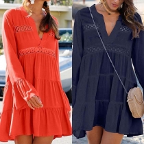 Fashion Solid Color Long Sleeve V-neck Loose Dress