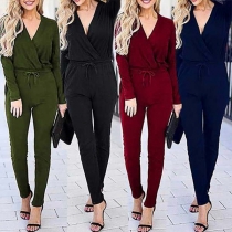 Fashion Solid Color Long Sleeve V-neck Jumpsuit 