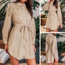Fashion Lace Spliced Long Sleeve Stand Collar Shirt Dress