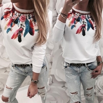 Fashion Long Sleeve Round Neck Feather Printed Sweatshirt 