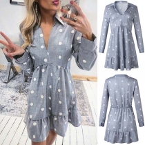 Fashion Long Sleeve V-neck Dots Printed Dress