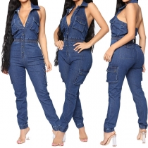 Sexy Backless High Waist Slim Fit Denim Jumpsuit 
